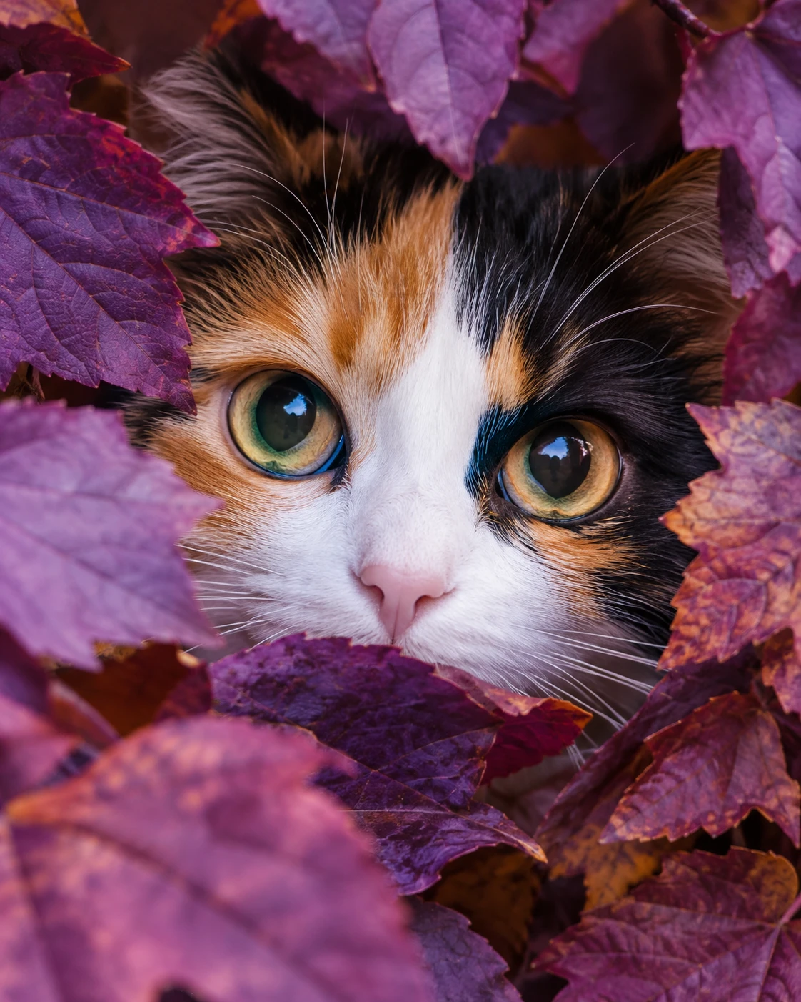 Calico cat peers through a frame of purple autumn leaves