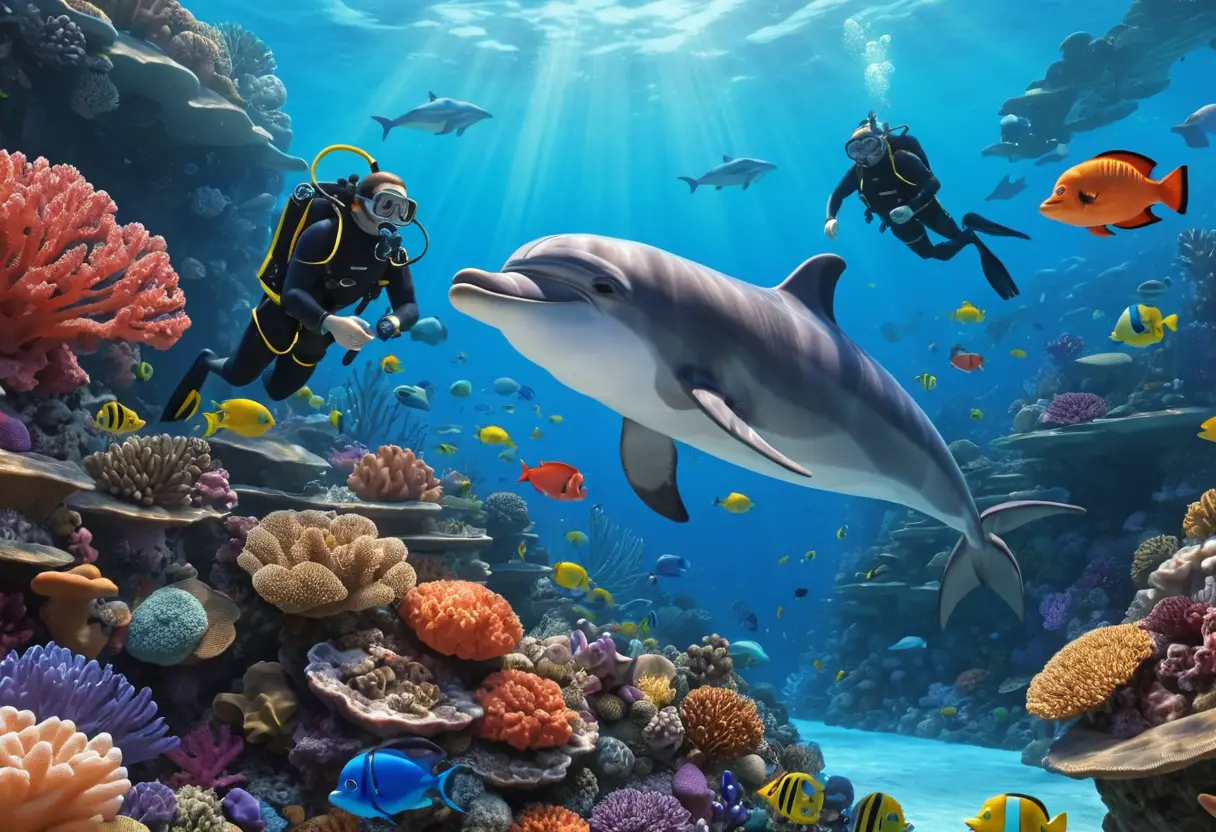 Un delfino nuota accanto a un sub lungo una barriera corallina