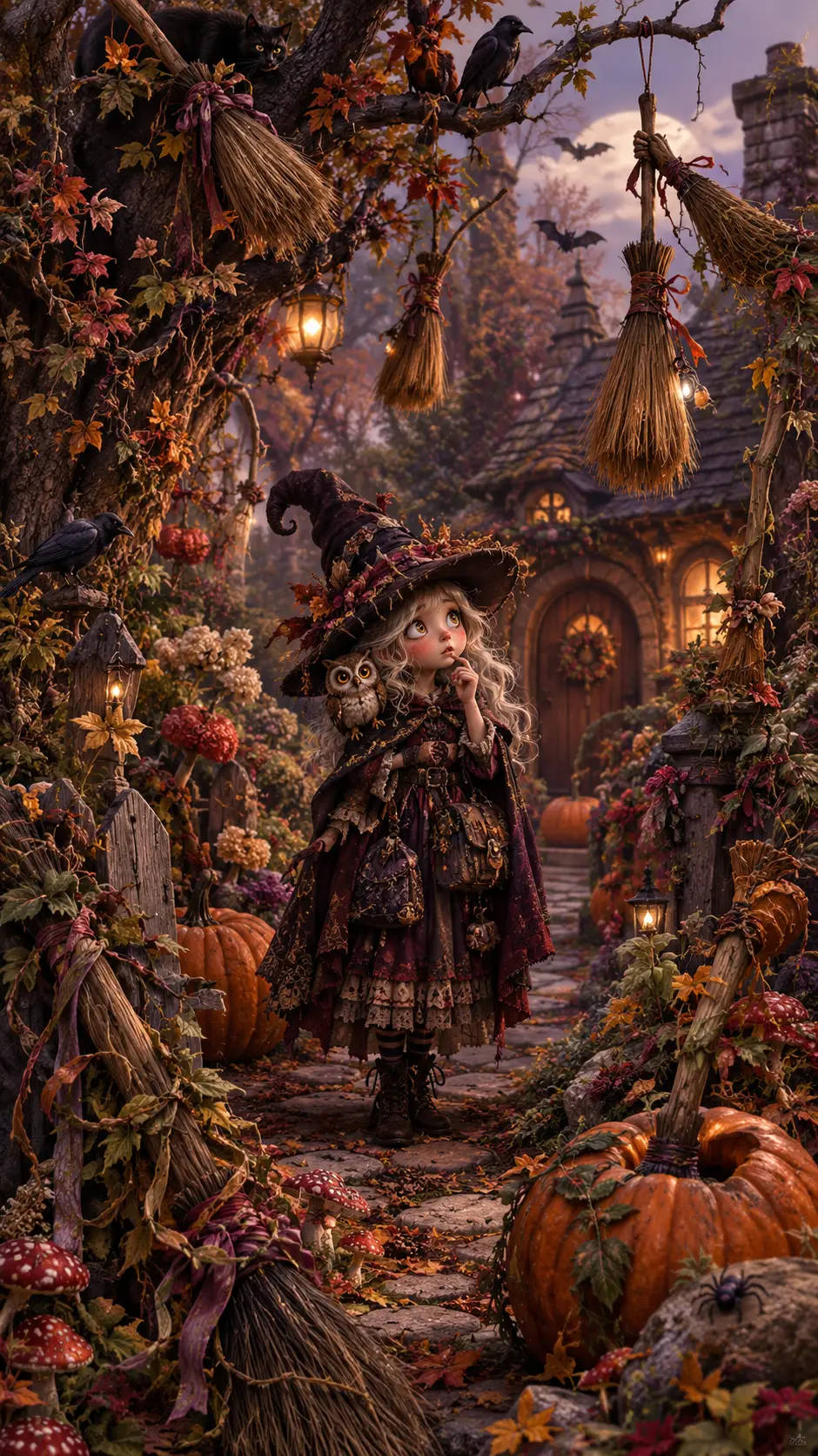 小小女巫在 cottage 花園裡尋找放錯位置的掃帚