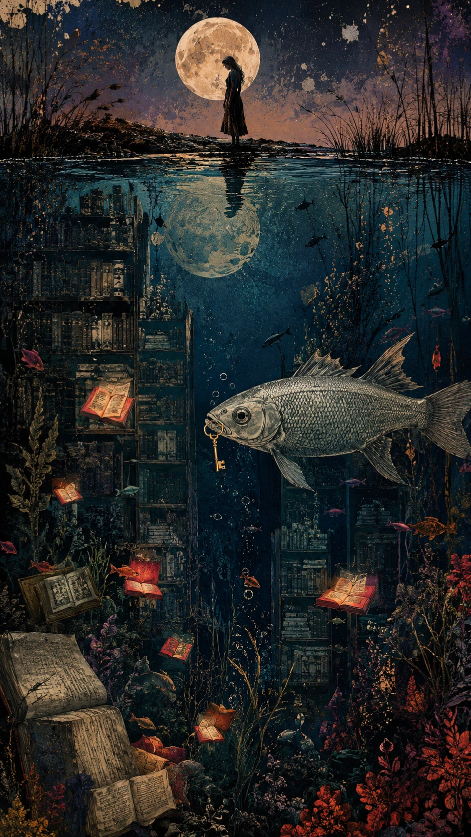 Una biblioteca surreale sotto la superficie di un lago illuminato dalla luna