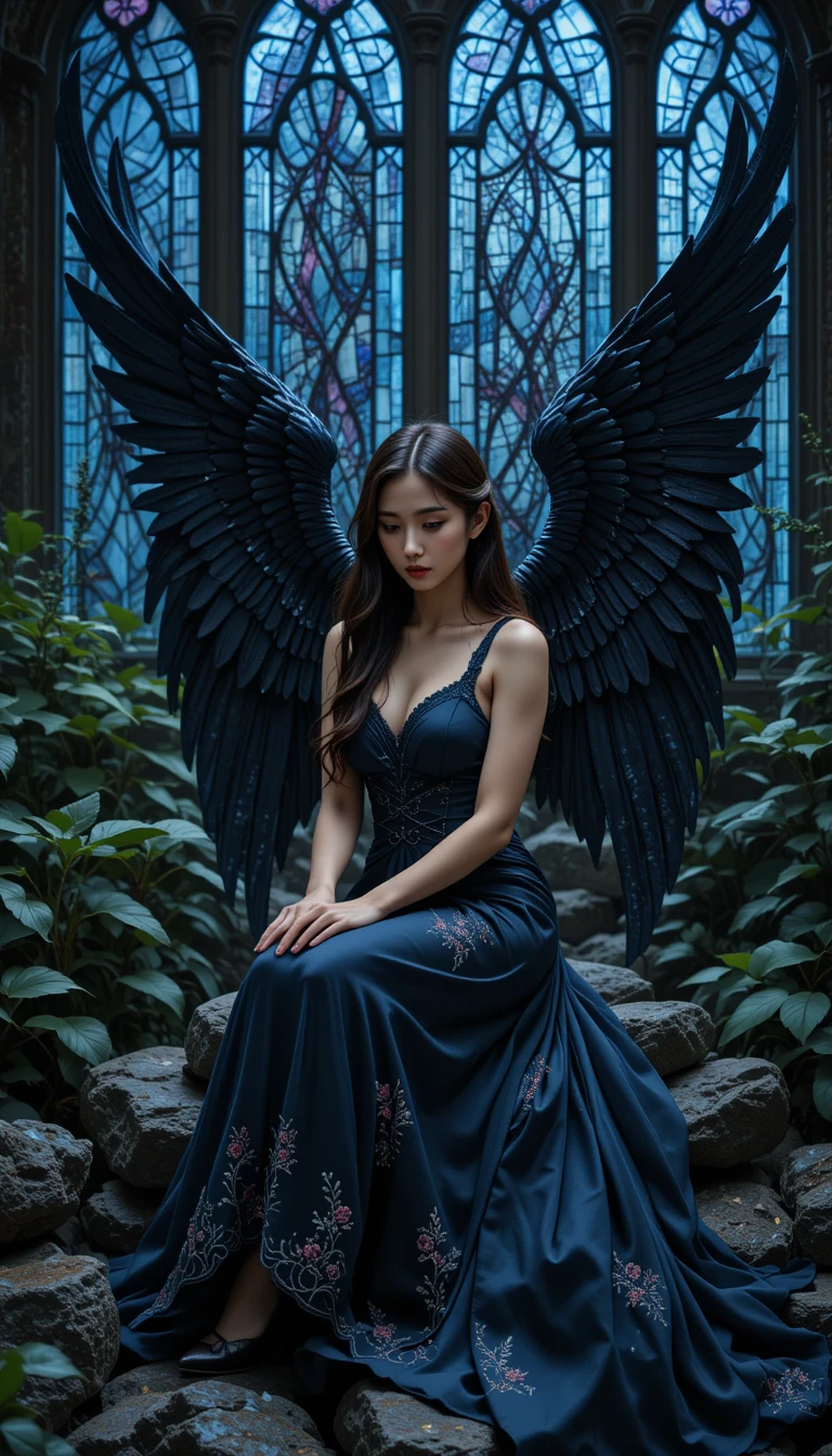 A Pensive Winged Woman Sits Among Rocks Beneath Gothic Stained Glass