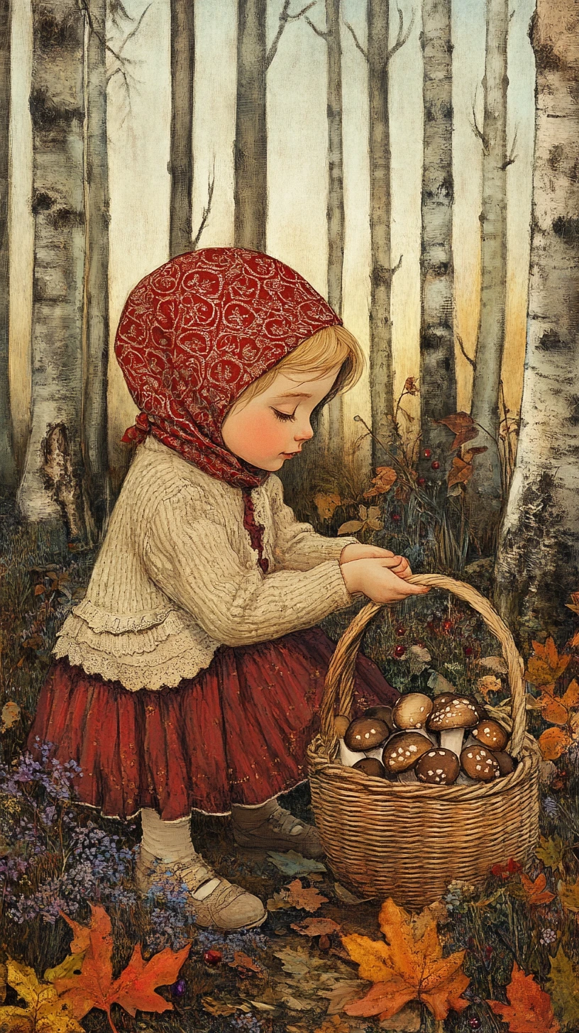 Uma menina colhe cogumelos num caminho pela floresta no outono