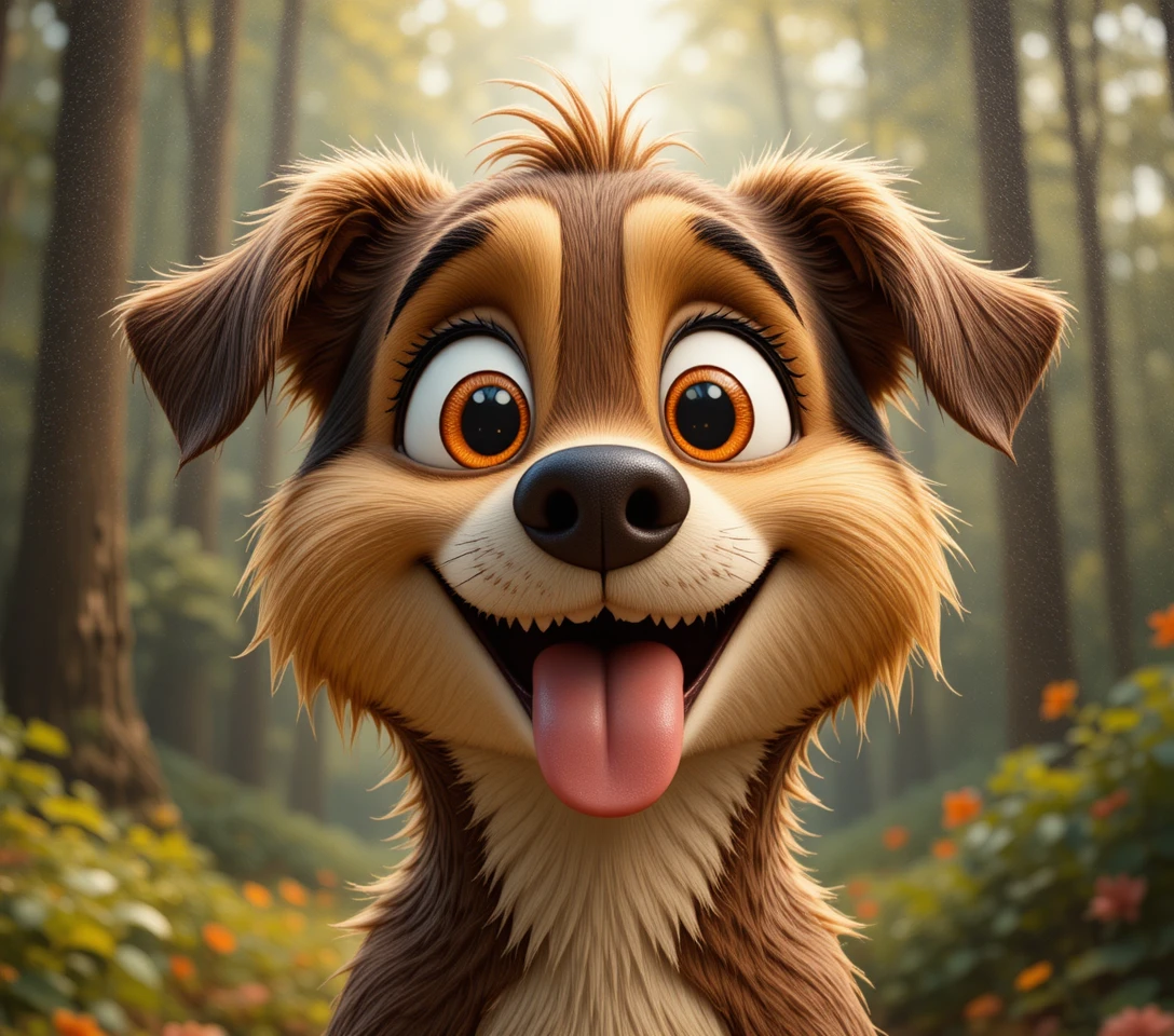 Retrato alegre de um cão em estilo cartoon, com olhos cor de âmbar e um sorriso brincalhão
