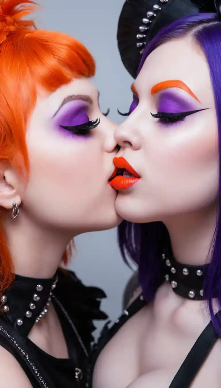 A goth girl with winged red eyeliner and purple lipstick