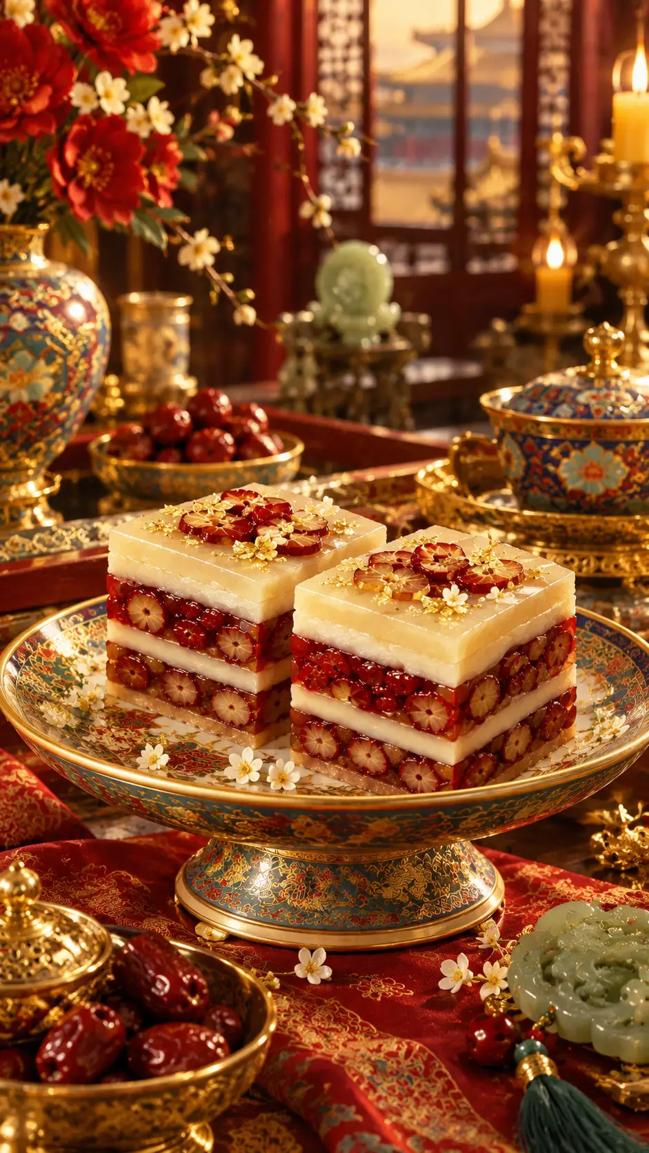 Bolo de jujuba em camadas servido em porcelana ornamentada num banquete palaciano