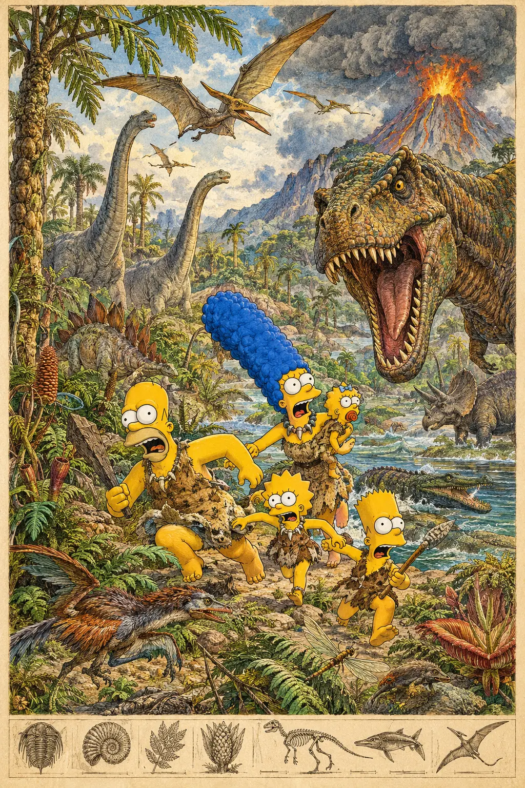 卡通家庭在噴發的火山下遭遇史前生物
