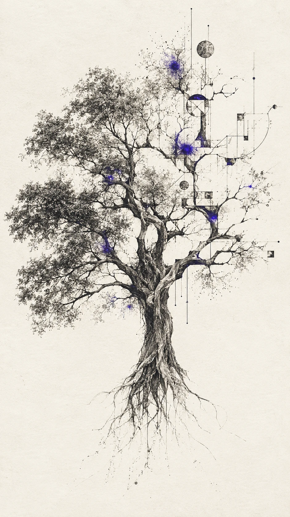 Un árbol milenario combina formas botánicas con caminos geométricos abstractos