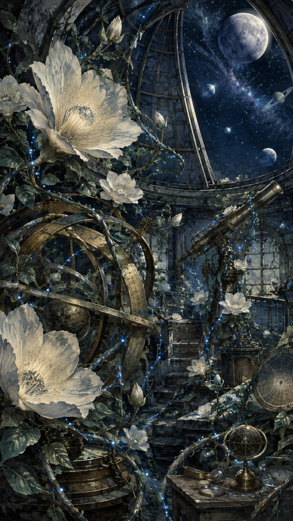 Pale Flowers Transform a Forgotten Observatory into a Moonlit Garden