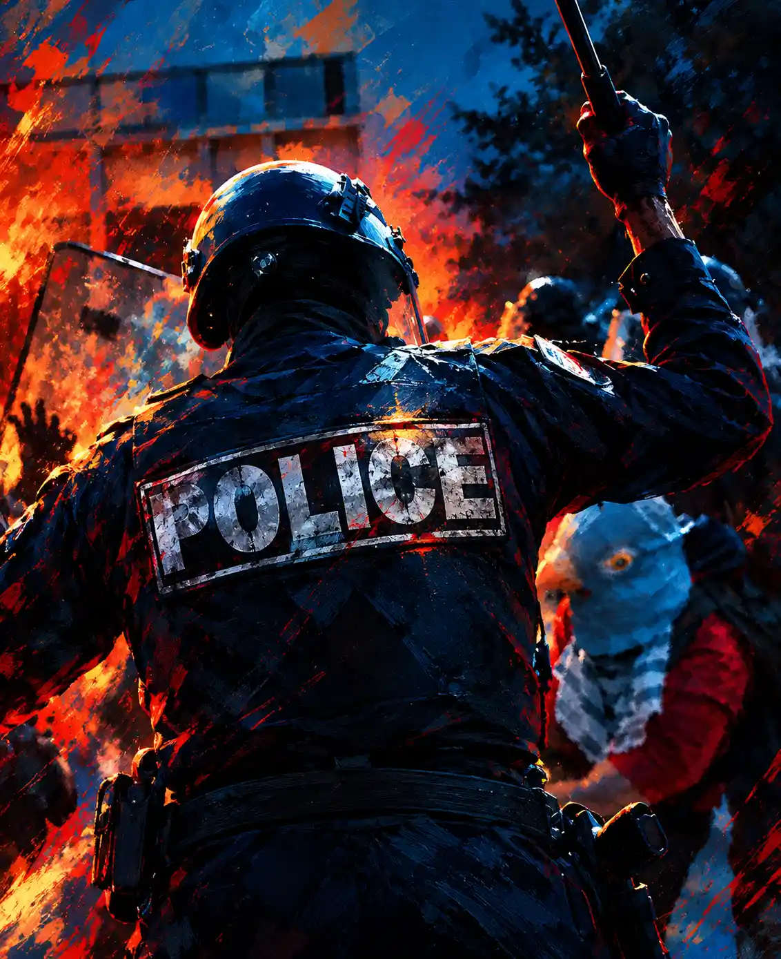Un’opera d’arte digitale tragica ha al centro un agente di polizia con la scritta POLICE
