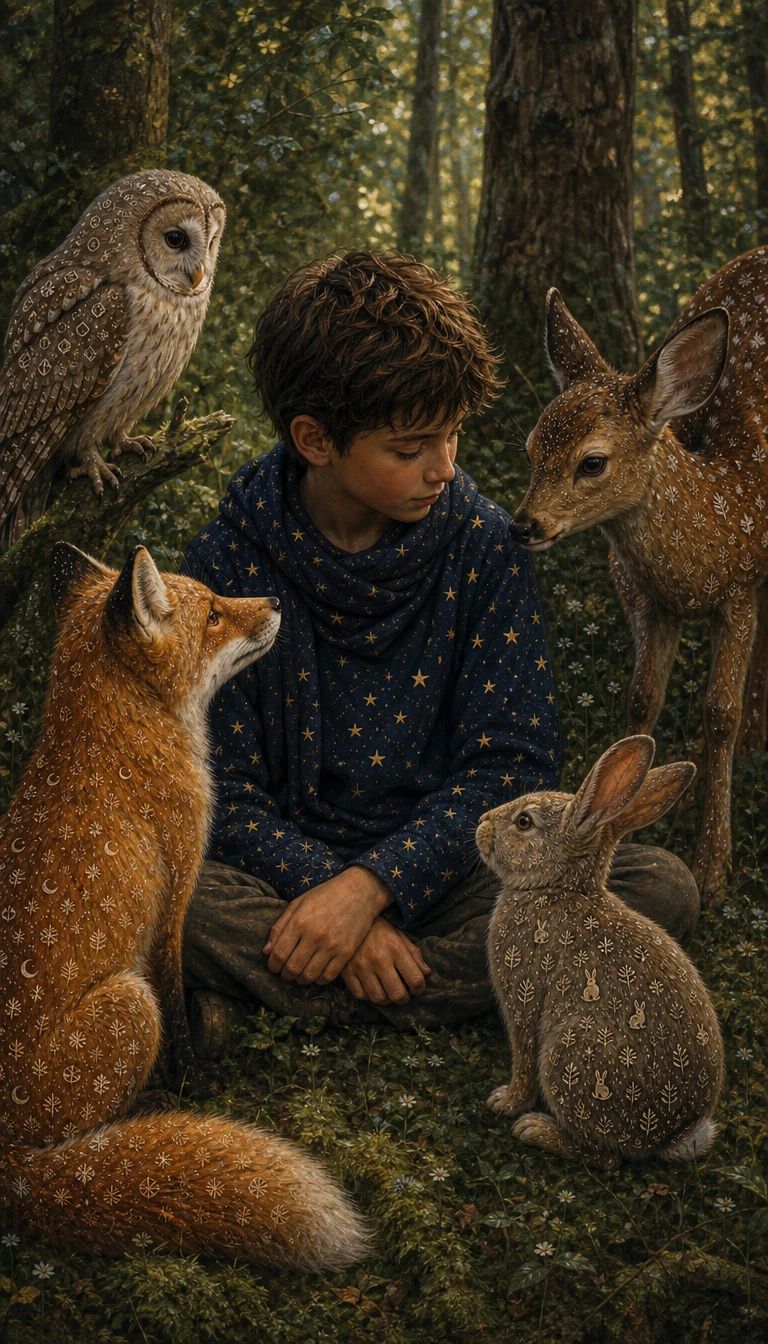 Um menino senta-se tranquilamente entre os animais da floresta reunidos ao seu redor