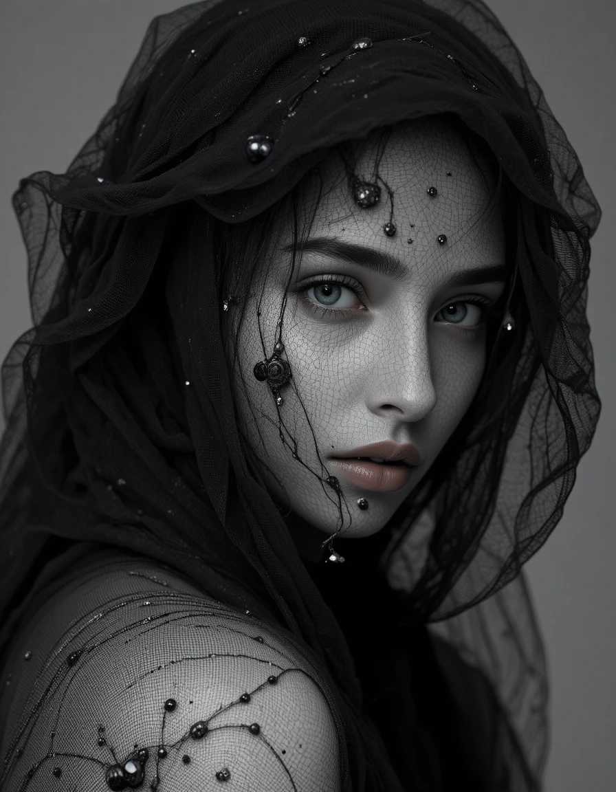 A woman's upper body portrait beneath an embroidered sheer black veil