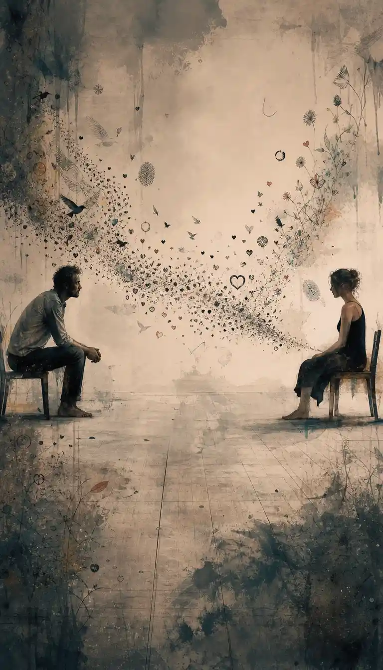 Two people sit apart across an empty room, linked by symbolic marks