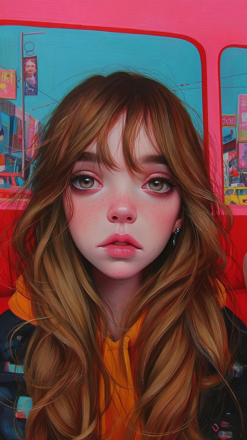 Os olhos expressivos de uma jovem são o destaque deste retrato ilustrado
