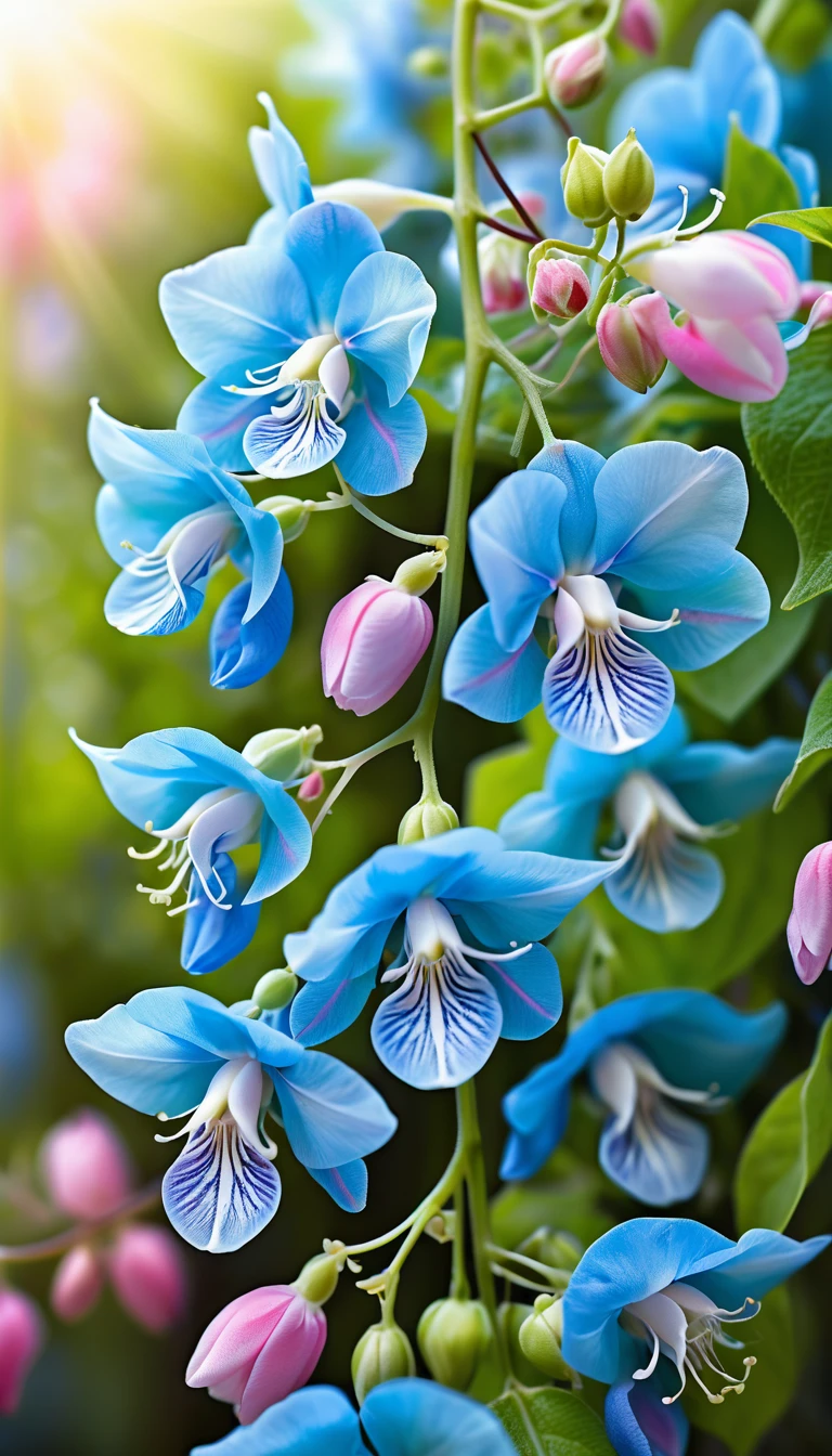 Cachos de flores azuis e rosas em cascata numa trepadeira exuberante ao ar livre