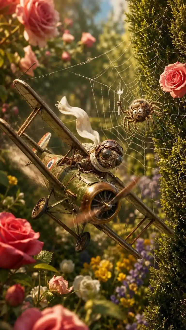Una mosca concentrada pilota un biplano clásico por un jardín lleno de color
