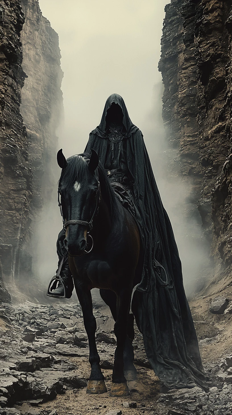 Uma figura encapuzada monta um cavalo preto num desfiladeiro enevoado
