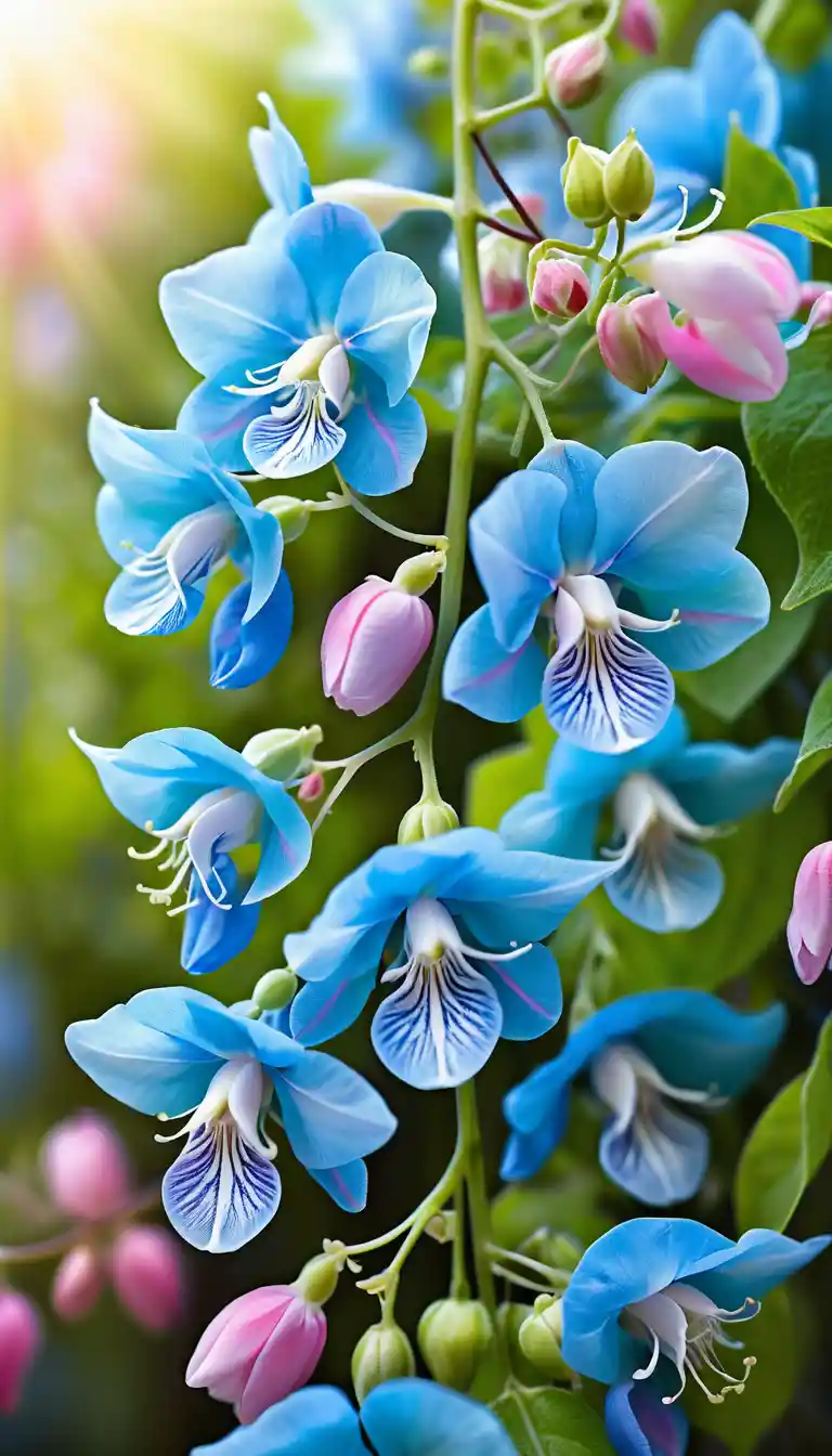 Cachos de flores azuis e rosas em cascata numa trepadeira exuberante ao ar livre