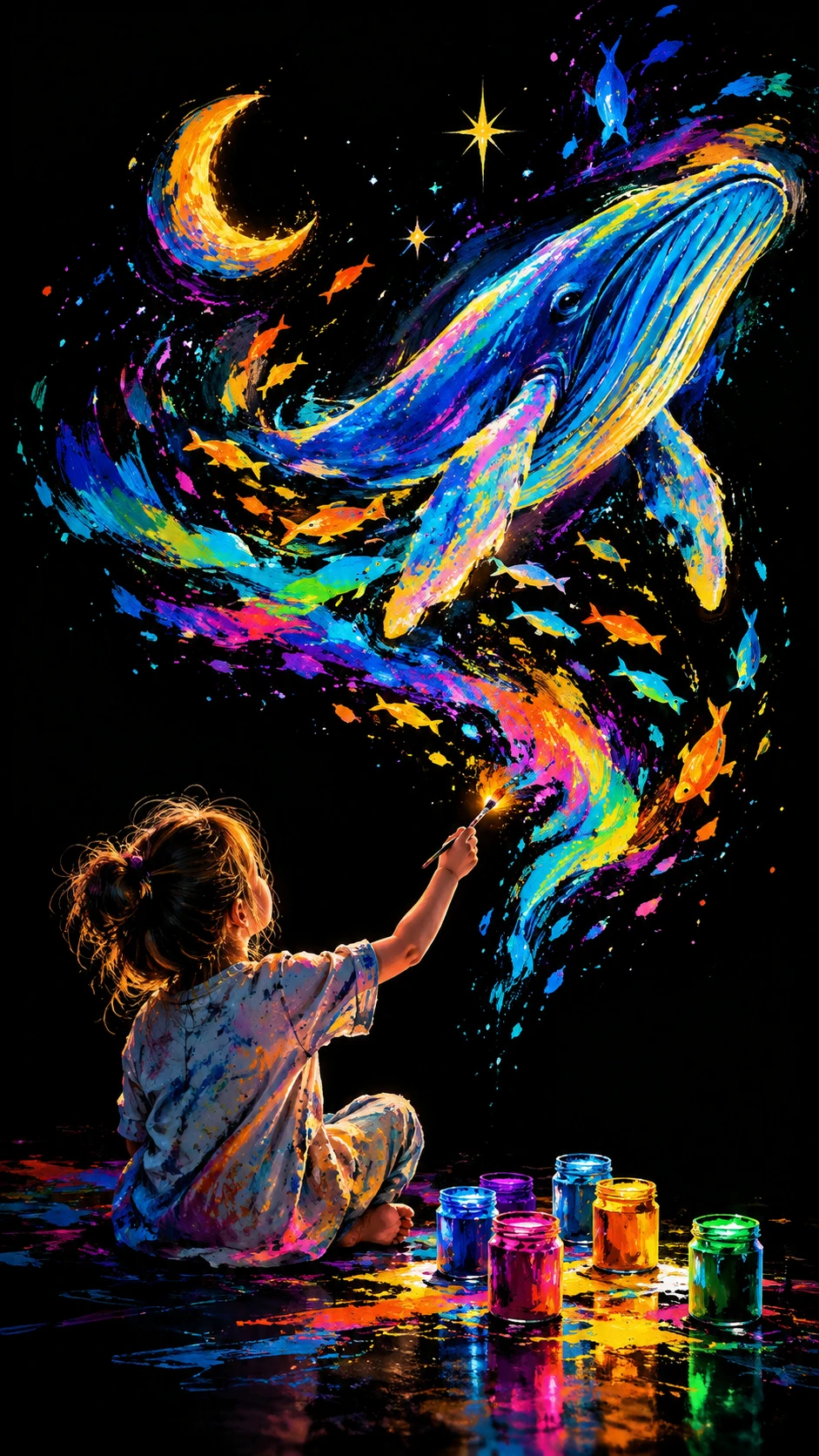 Vibrant colors and luminous strokes across a pure black canvas
