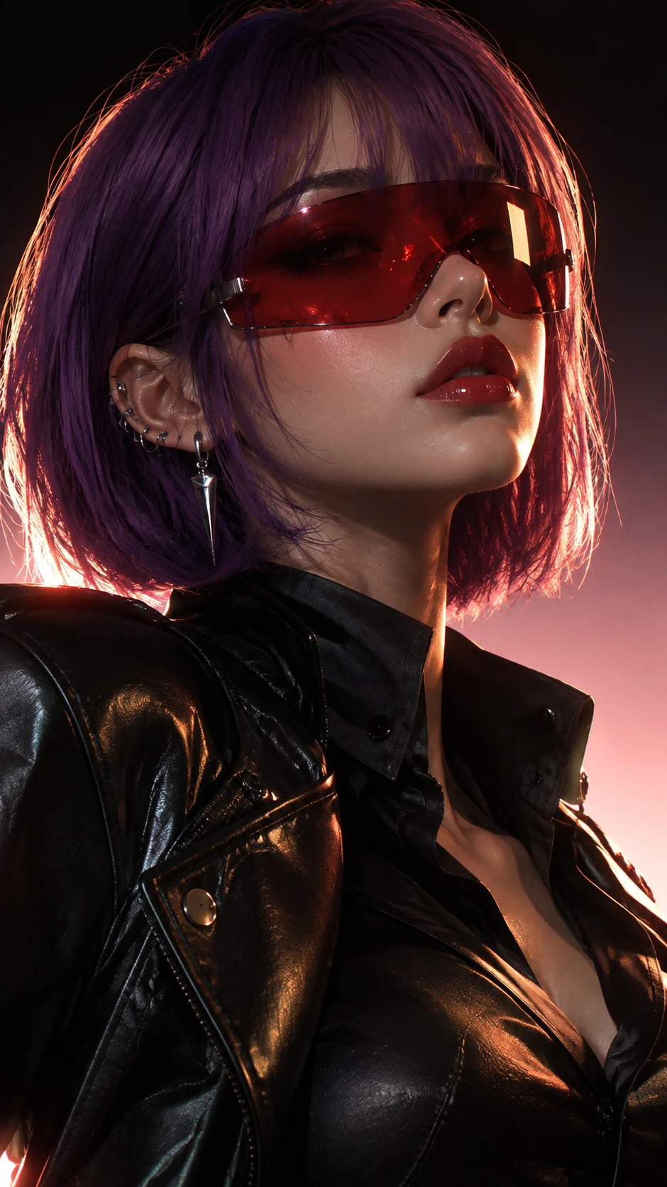 Mulher elegante com óculos tipo viseira vermelhos e cabelo bob roxo em grande plano