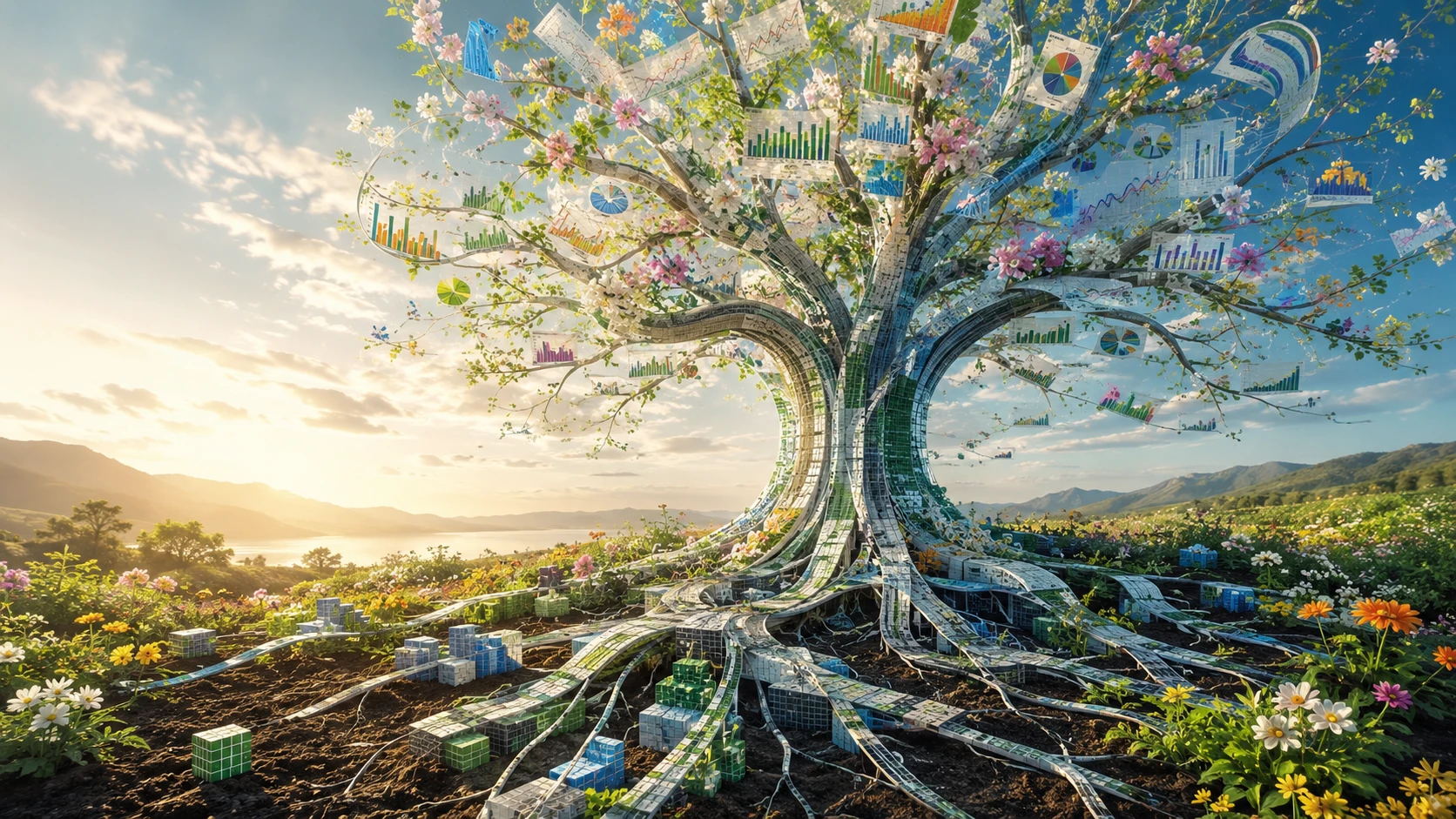 Una cella di foglio di calcolo diventa un albero imponente in un paesaggio primaverile