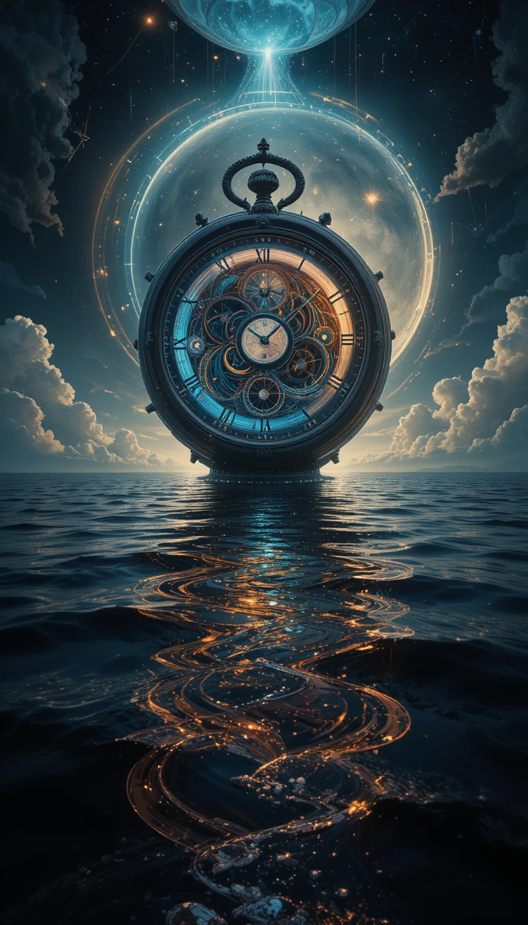一只古董懷錶漂浮在月光照耀的海洋上方