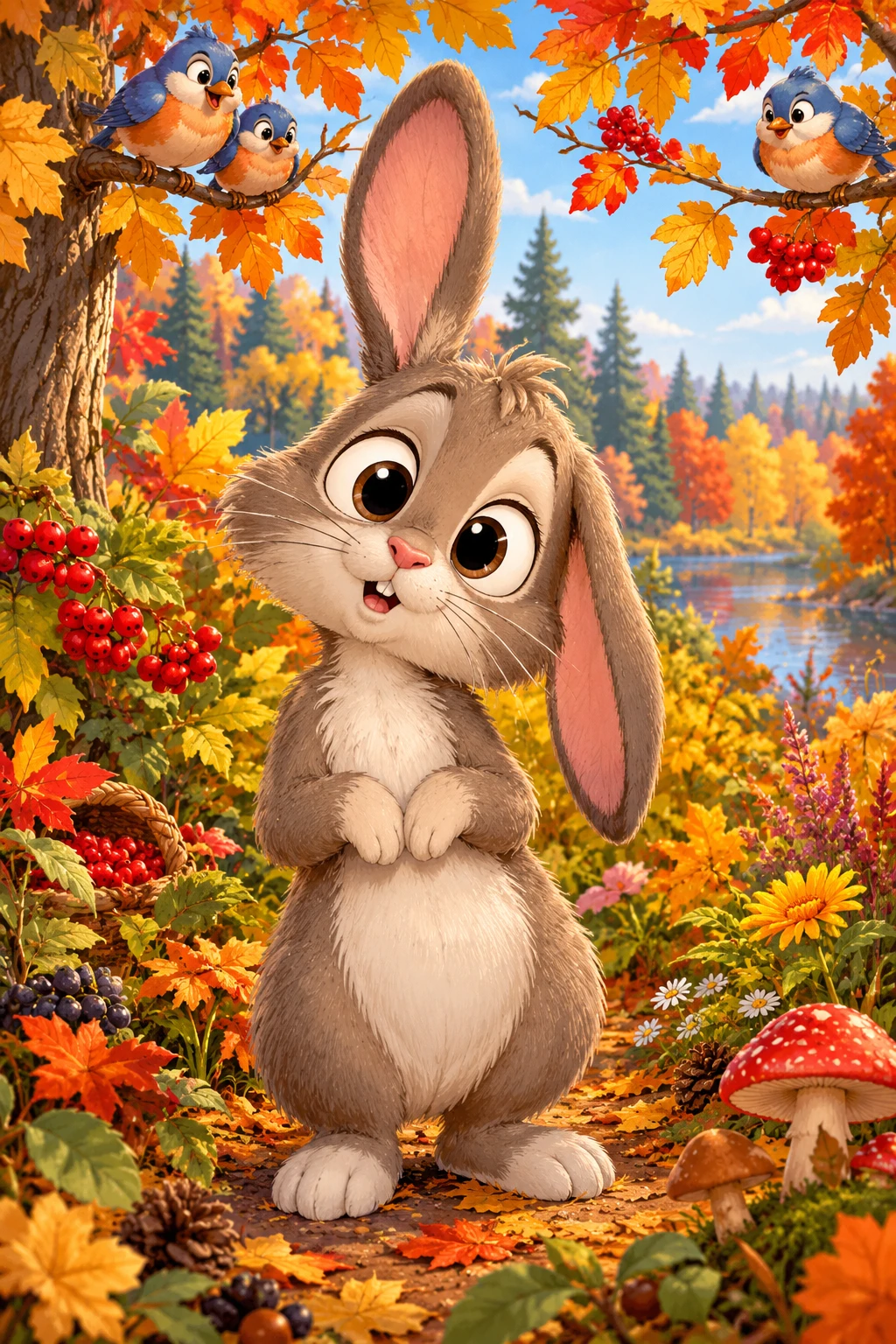 A wide-eyed rabbit tilts its head in an autumn forest