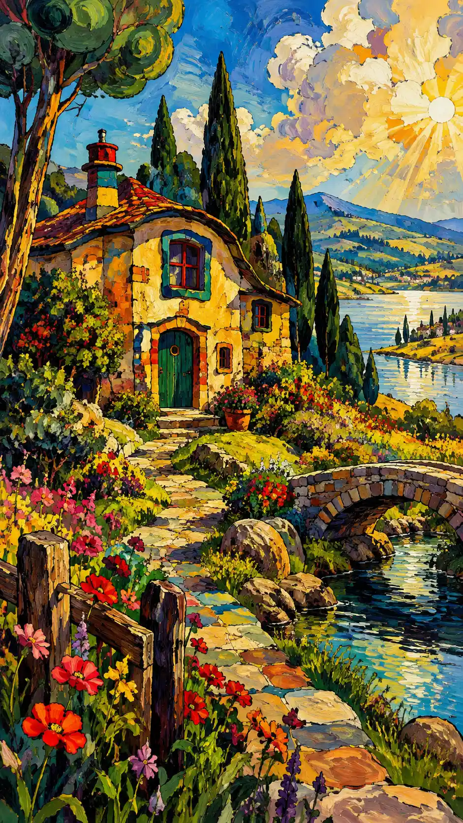 Ein farbenfrohes Tuschebild eines kleinen Hauses in einer Landschaft