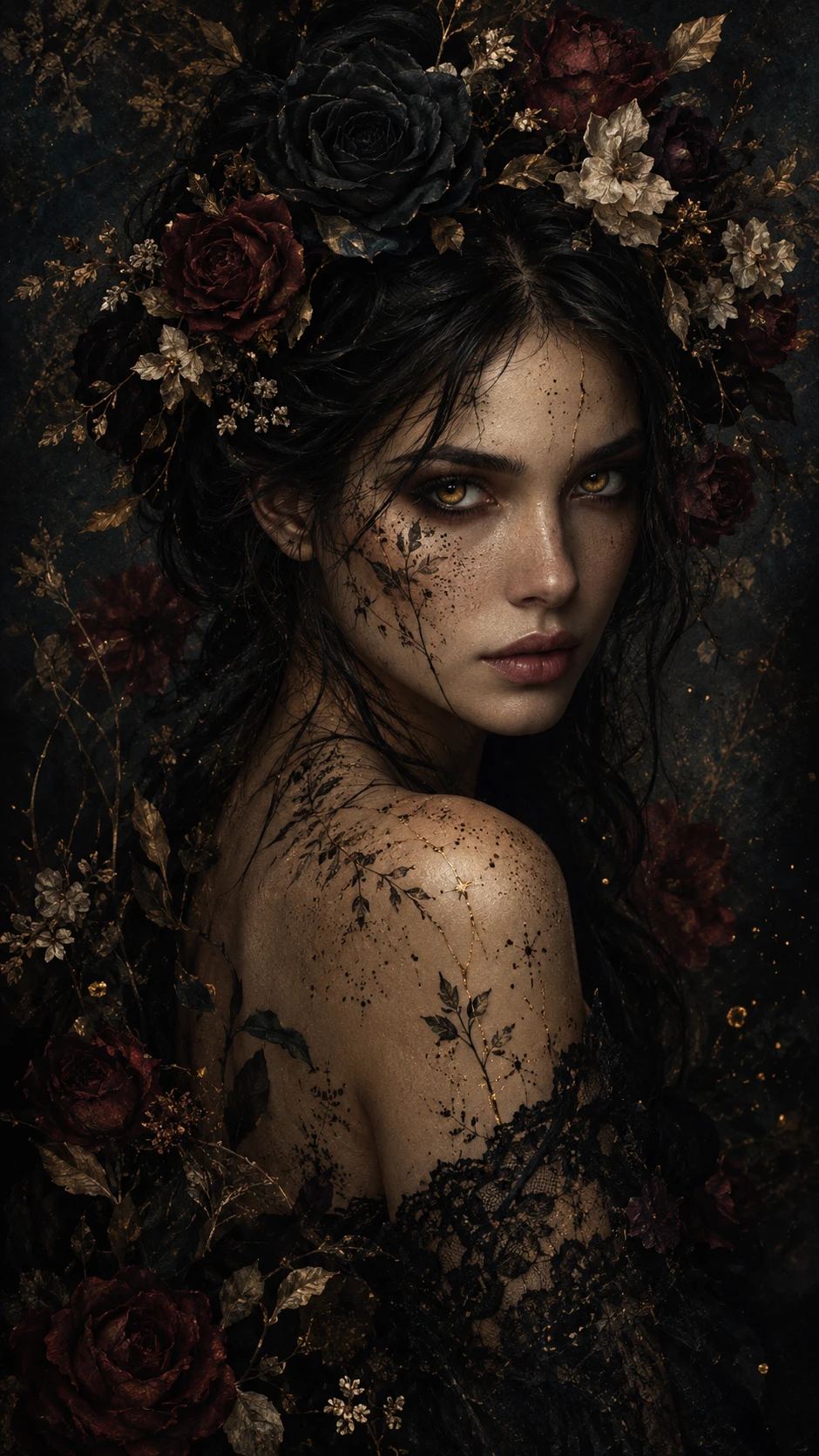 Uma jovem misteriosa surge das sombras usando uma coroa de rosas negras