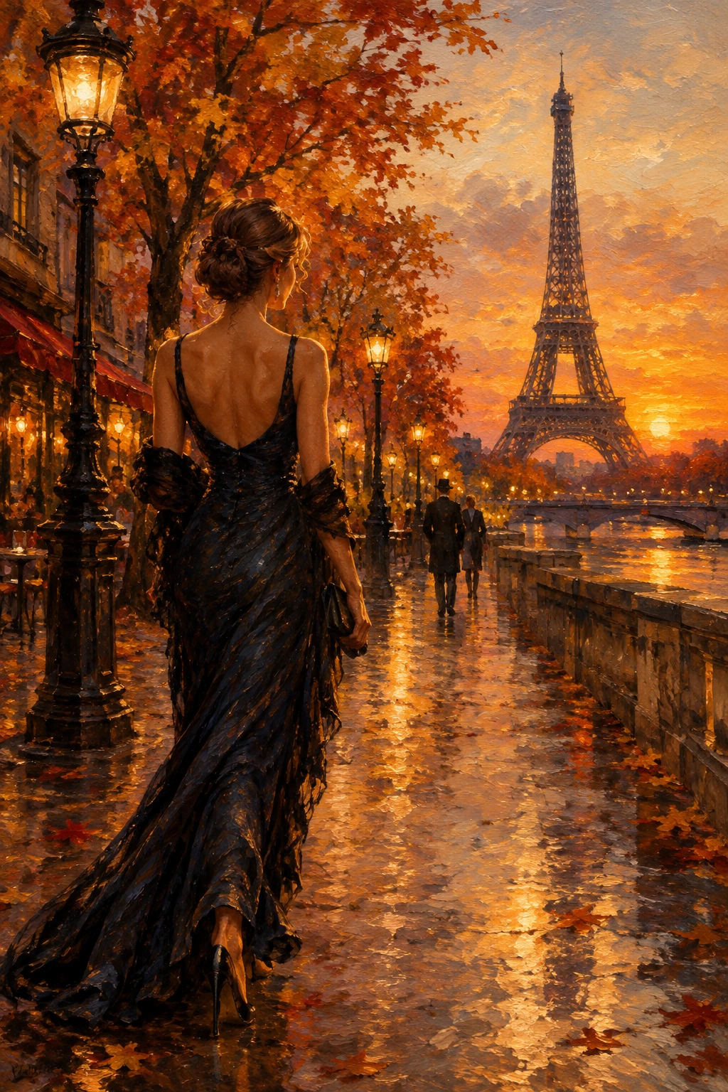 Uma mulher com vestido de noite caminha em direção à Torre Eiffel ao entardecer