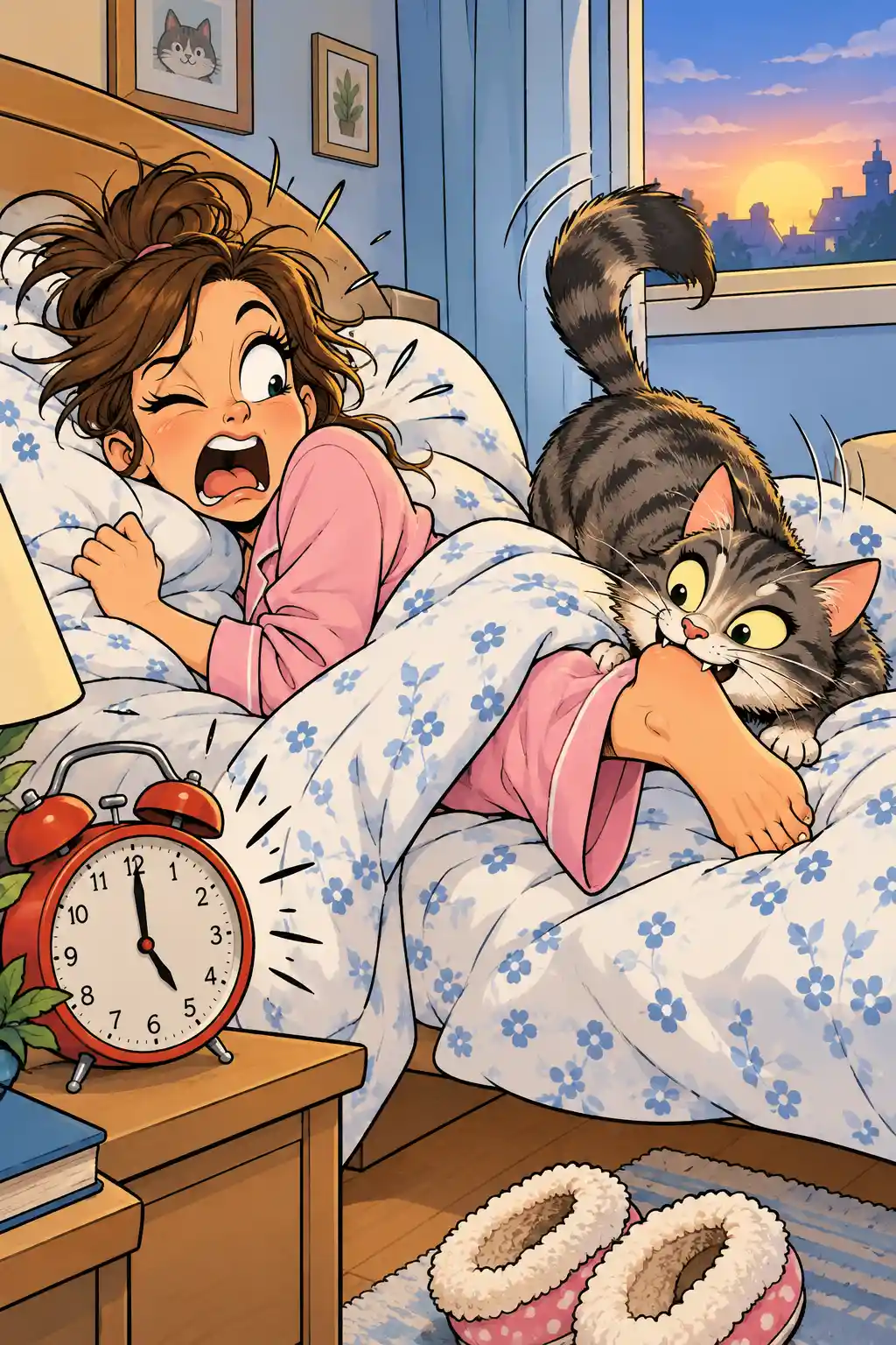 Um gato de desenho animado morde os calcanhares do dono em uma cena cômica e divertida