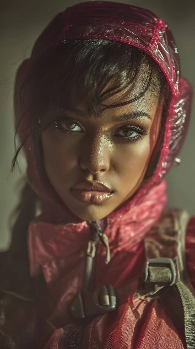 Uma mulher com macacão de vinil vermelho e capacete em meio à neblina densa