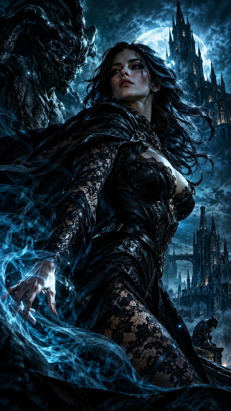 Ein Dark-Fantasy-Buchcover mit wirbelndem Rauch und dramatischer Hell-Dunkel-Beleuchtung