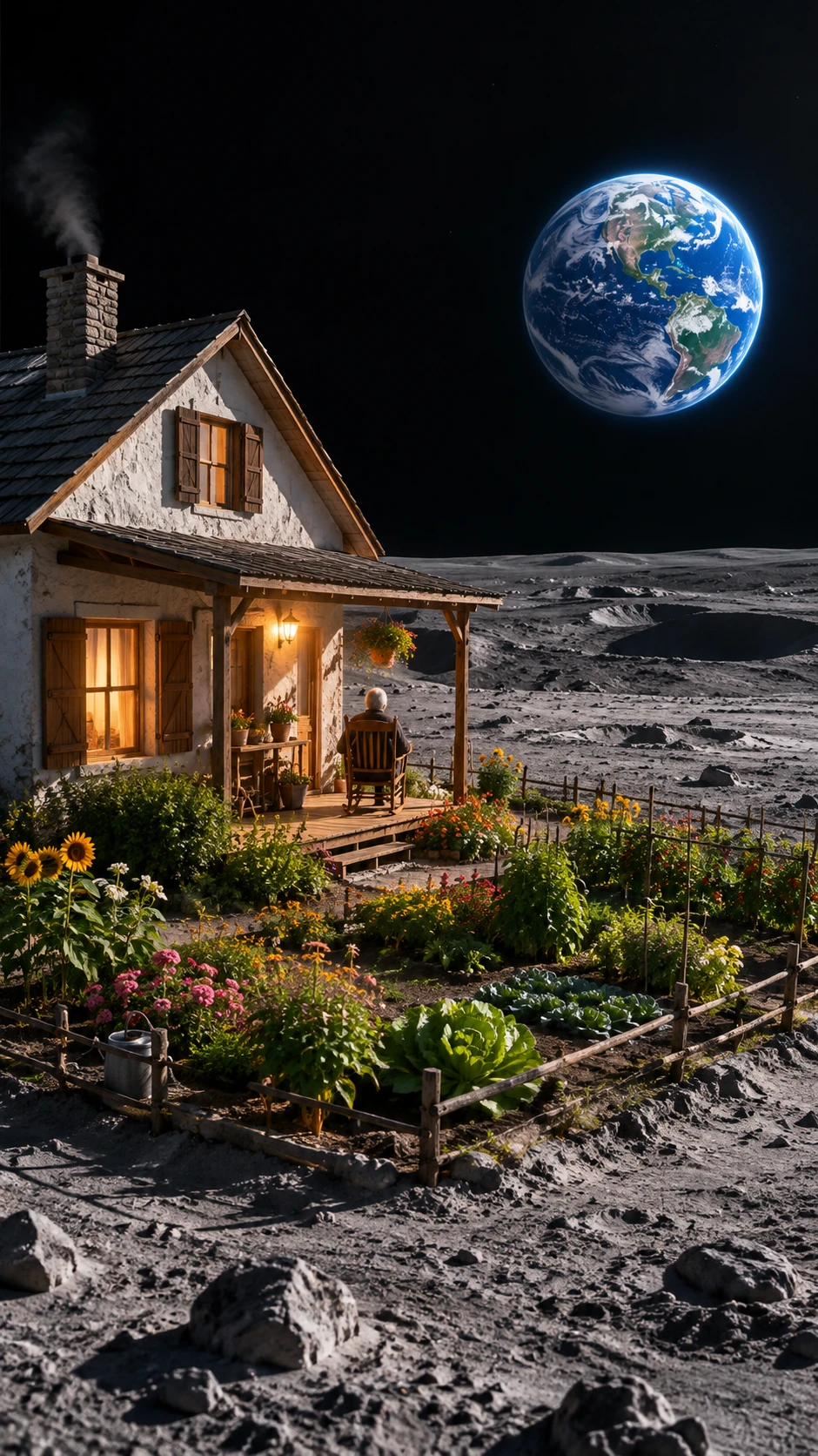 An elderly man watches Earth from a cottage on the Moon