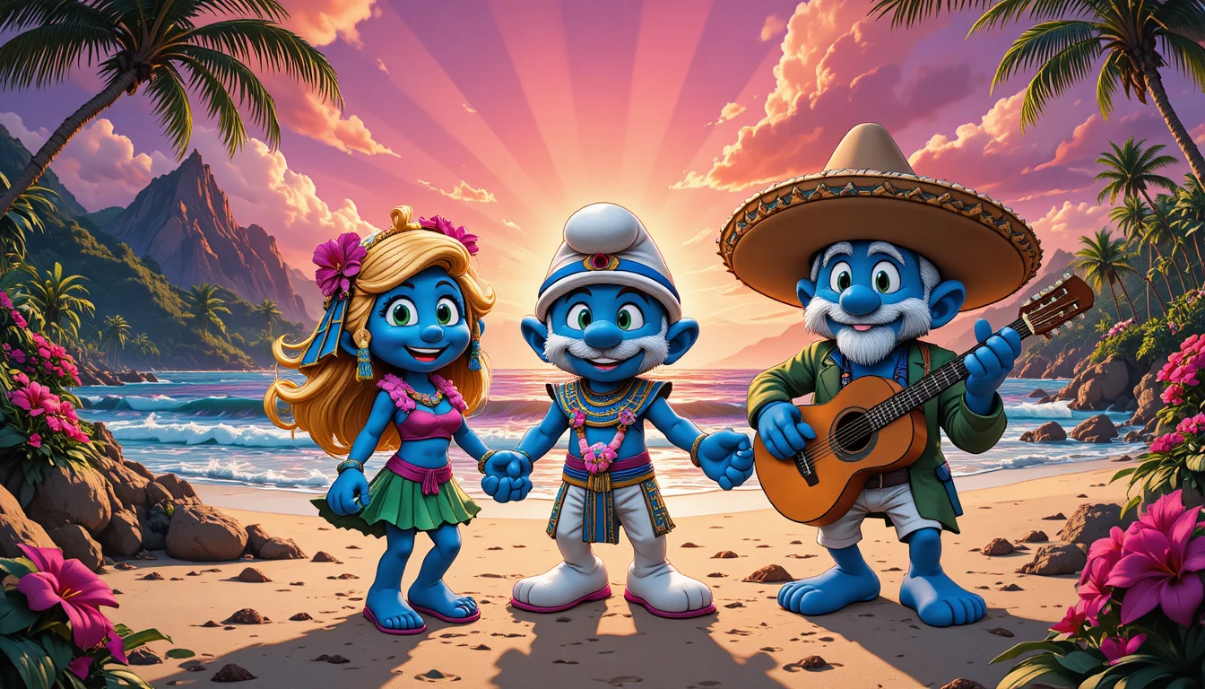 Tres Pitufos celebran juntos en una playa tropical al atardecer