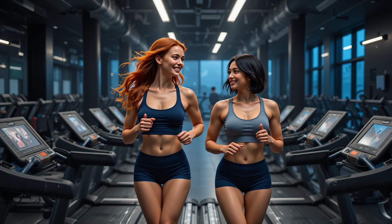 Duas jovens treinam lado a lado em passadeiras