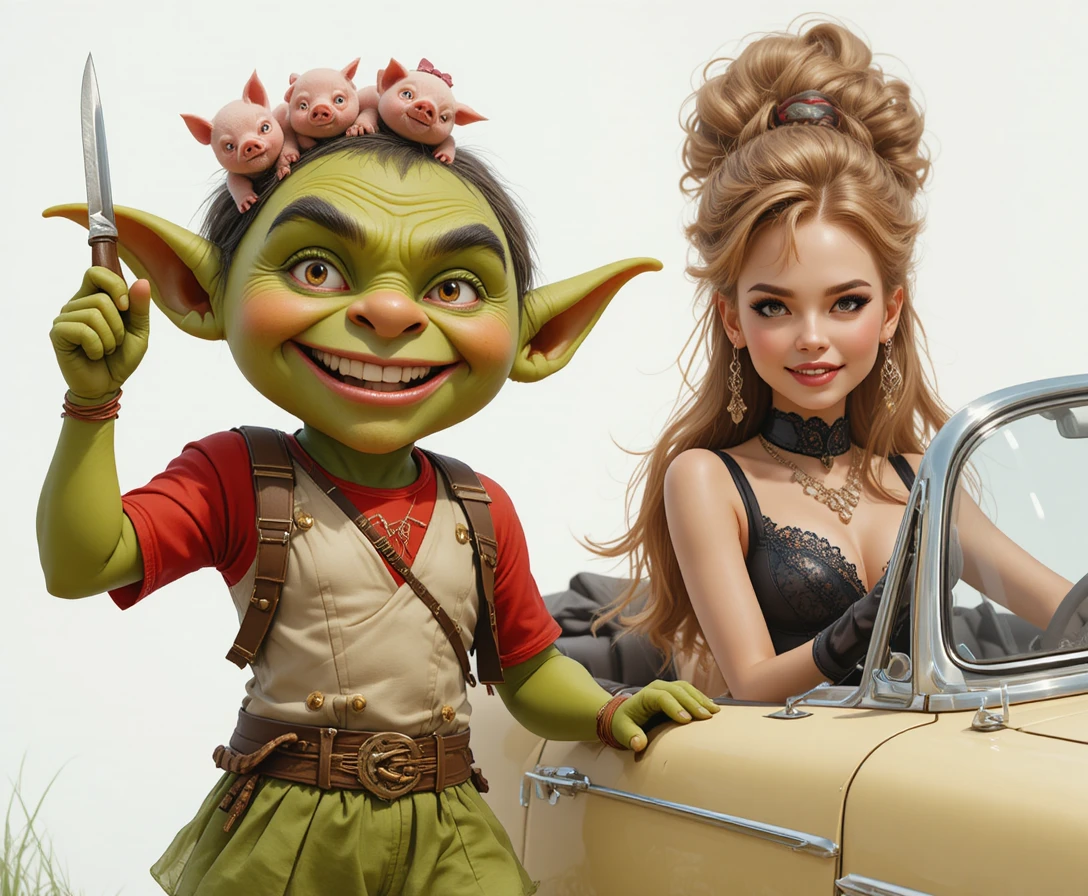 Um goblin sorridente aponta para cima ao lado de um cão feliz num descapotável