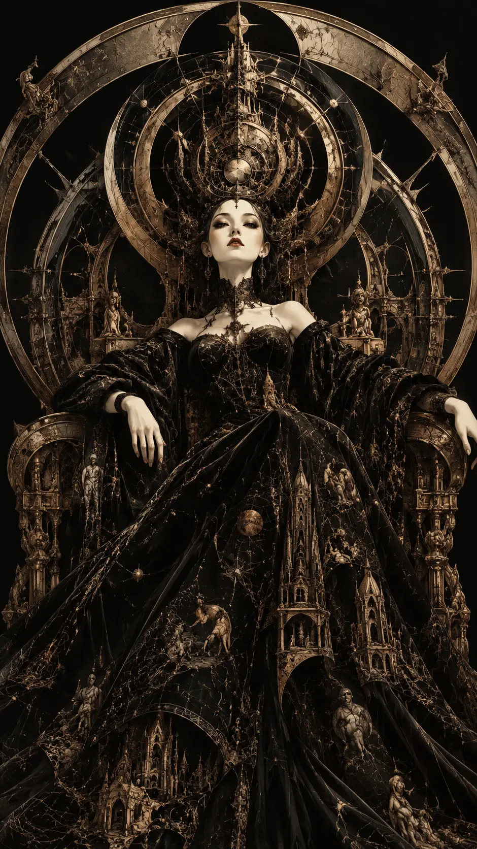 A miniature woman sits on a vast throne of celestial geometry