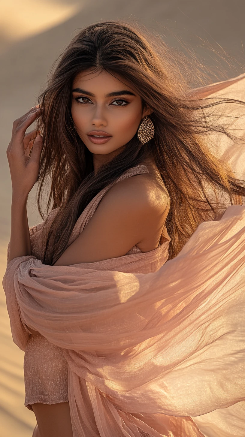 Uma mulher indiana posa entre dunas do deserto com roupa de praia rosa e esvoaçante