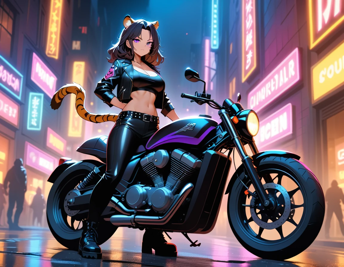 Una mujer tigre está junto a una motocicleta en una calle urbana iluminada con neones