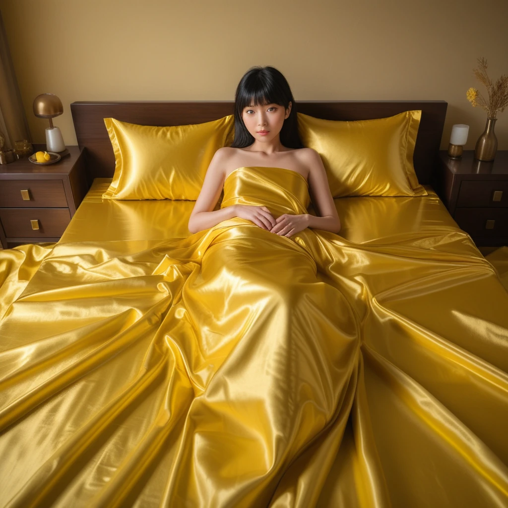 Uma mulher japonesa deitada sob uma roupa de cama de cetim brilhante