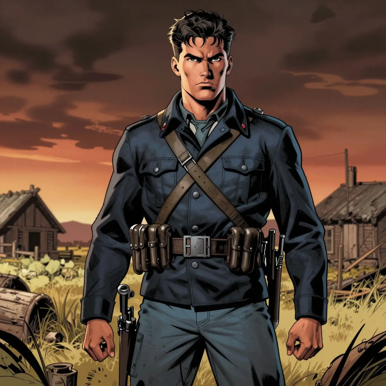 A determined Civil War soldier stands in a rustic farm landscape