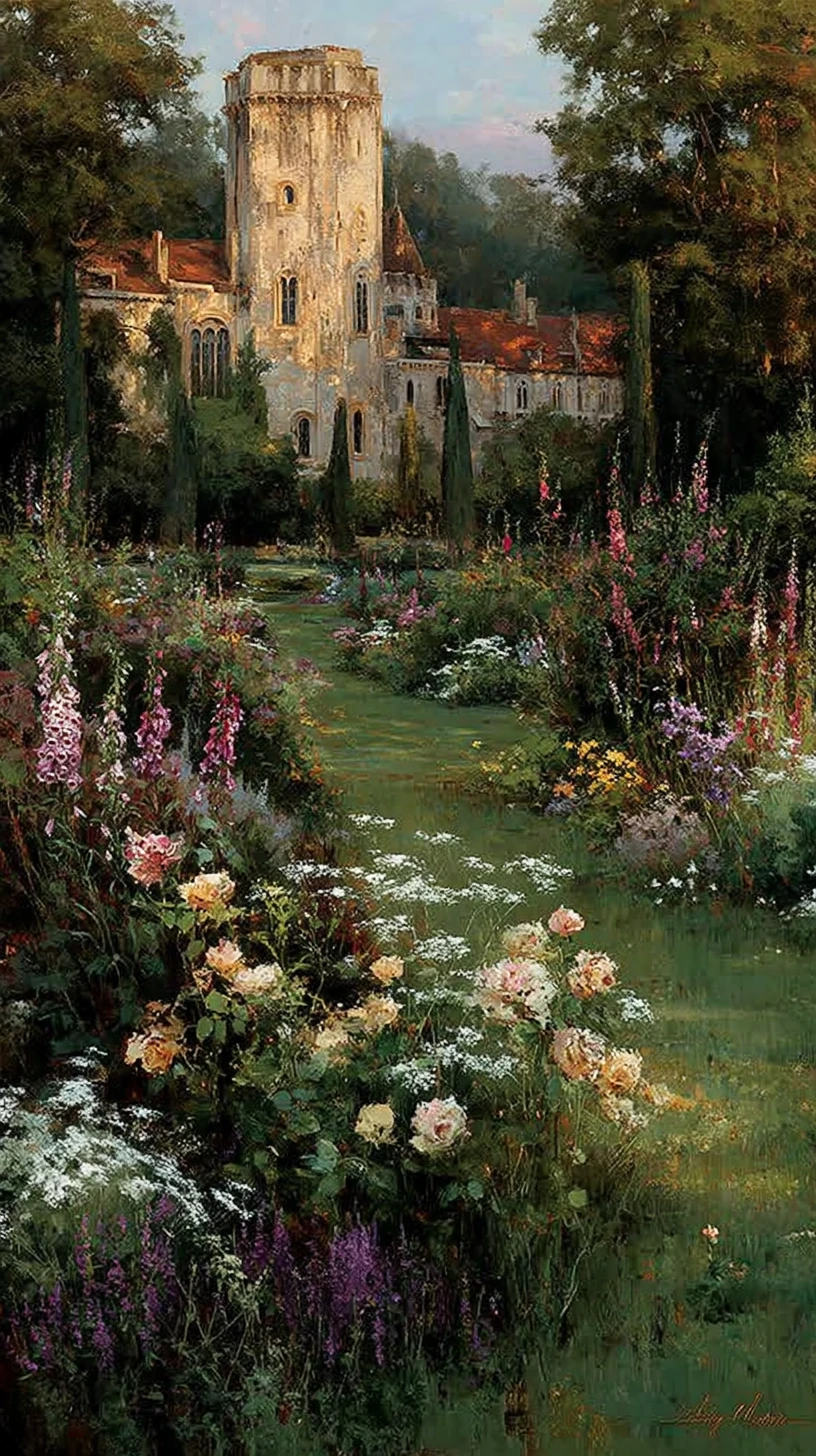 Wildblumen leuchten im Abendlicht unter einem Märchenschloss