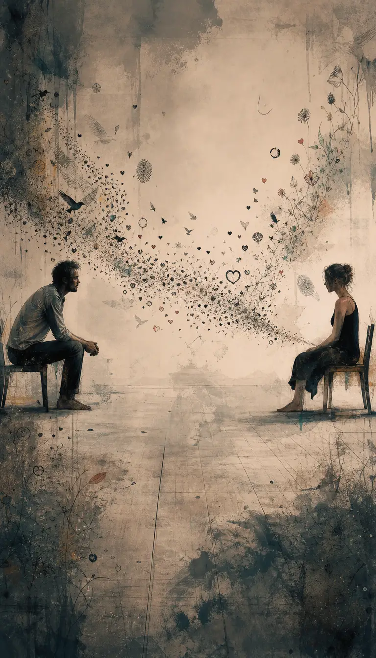 Two people sit apart across an empty room, linked by symbolic marks