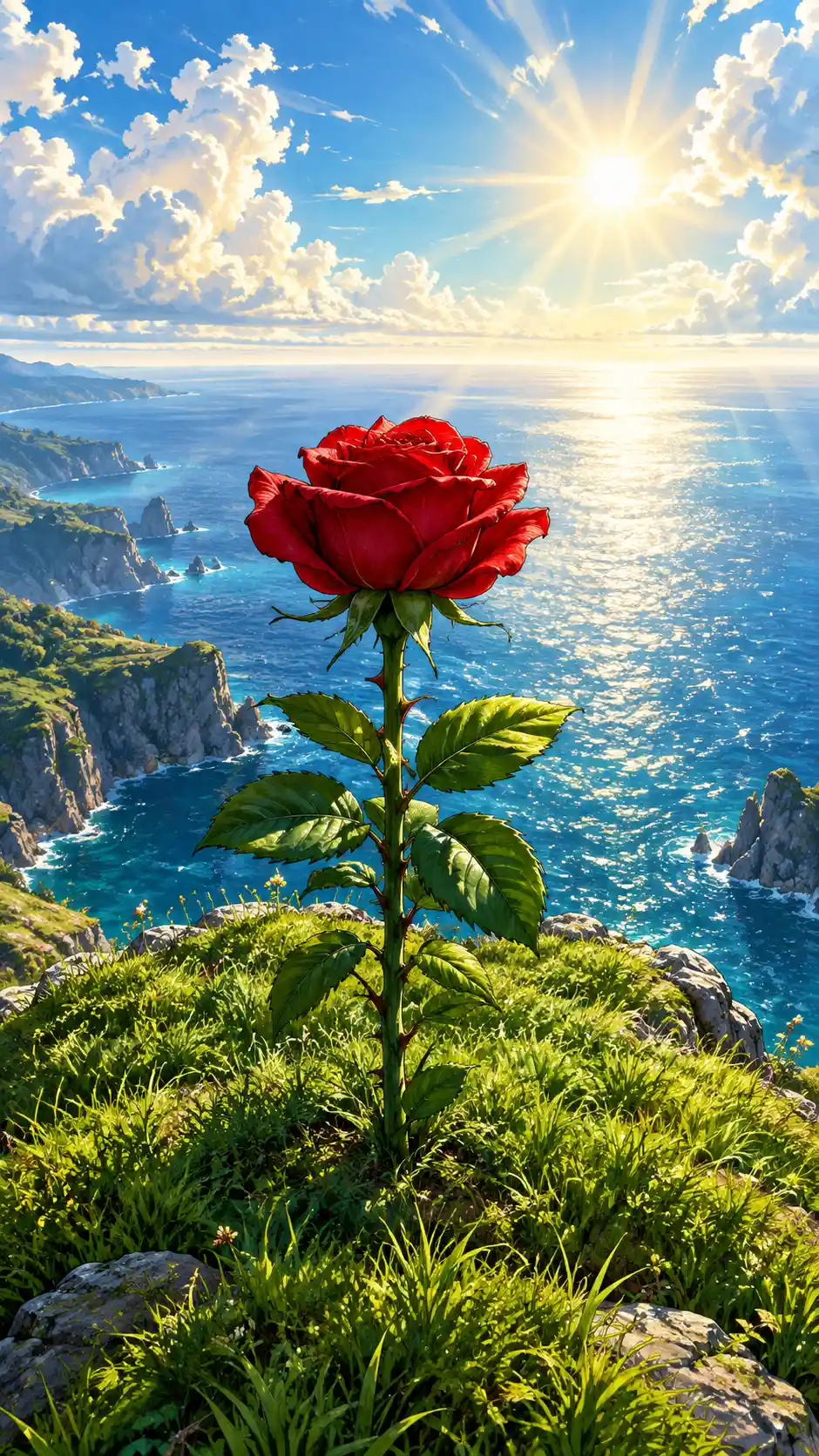 Una rosa rossa si erge su una scogliera erbosa sopra il mare scintillante