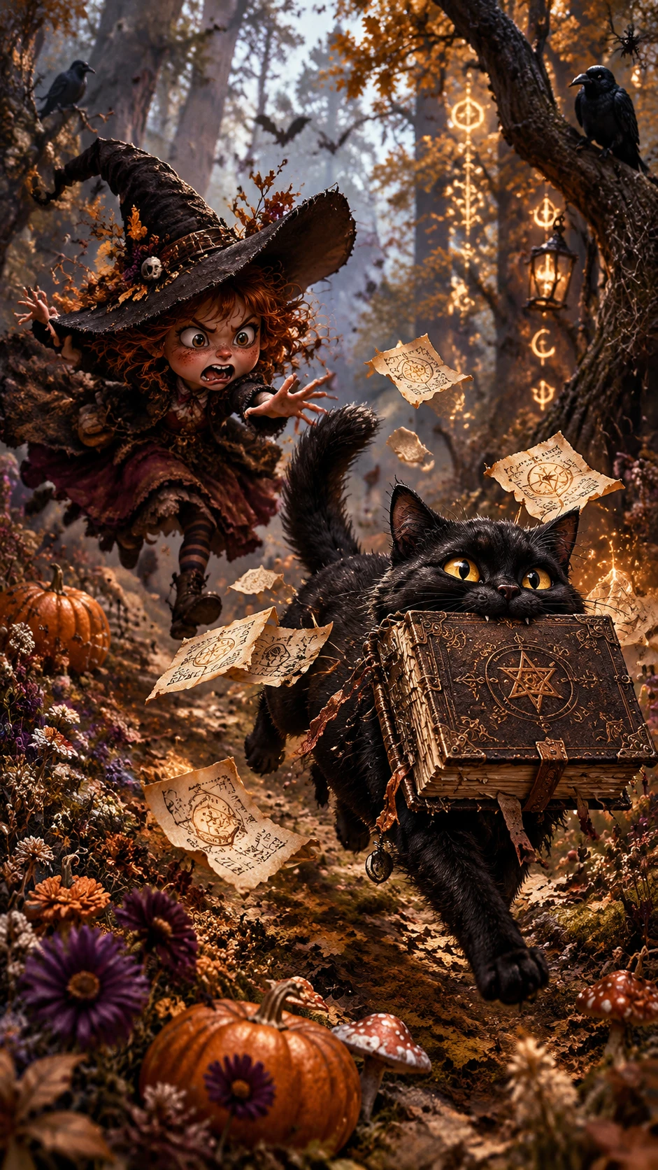 Une petite sorcière poursuit dans une clairière le chat qui lui a volé son grimoire