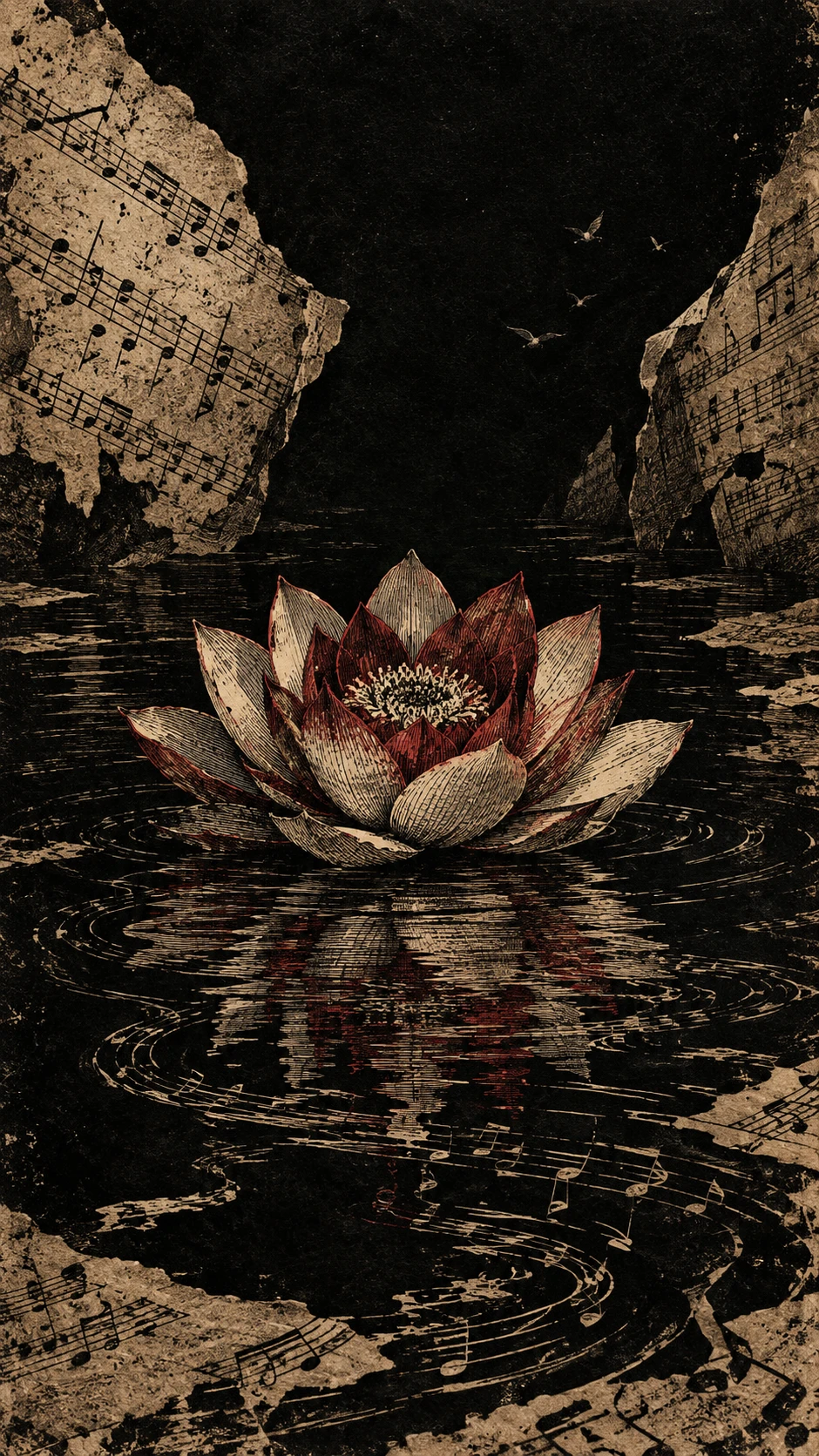 Uma flor de lótus marfim e carmesim flutua em águas escuras entre reflexos de partituras