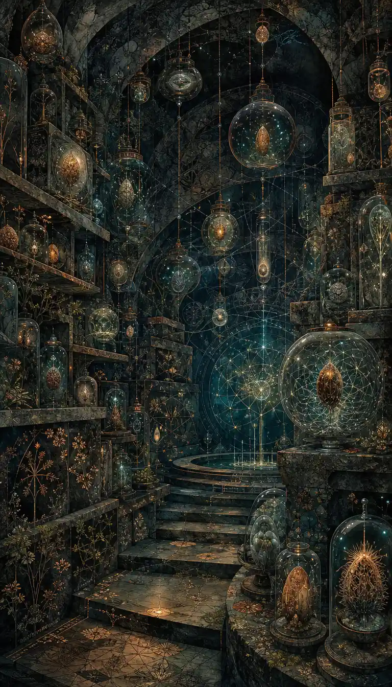 Suspended seeds glow inside a surreal underground vault