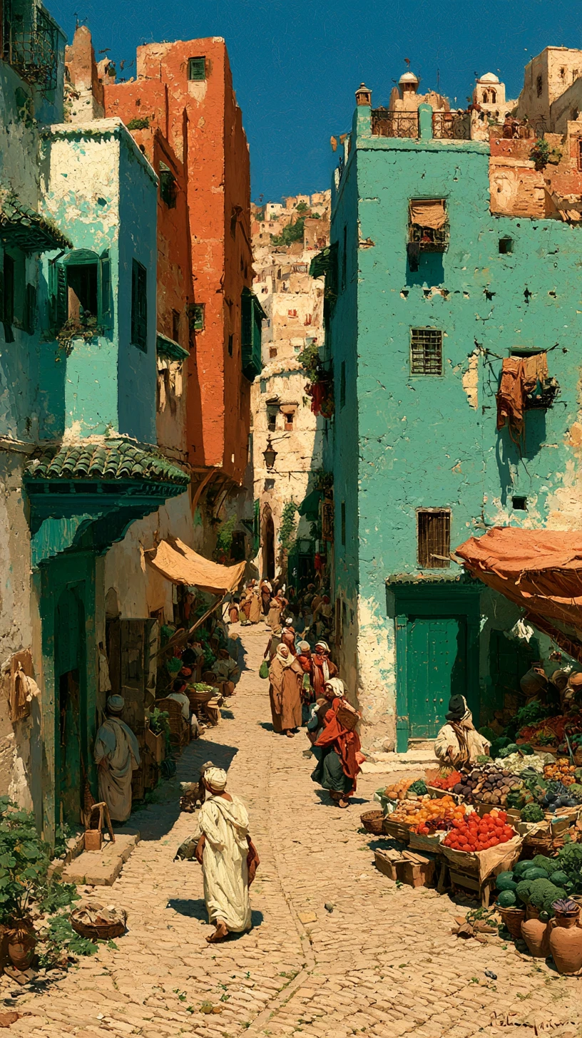 A Nineteenth Century Street Scene in Algiers with Walkers and a Produce Vendor