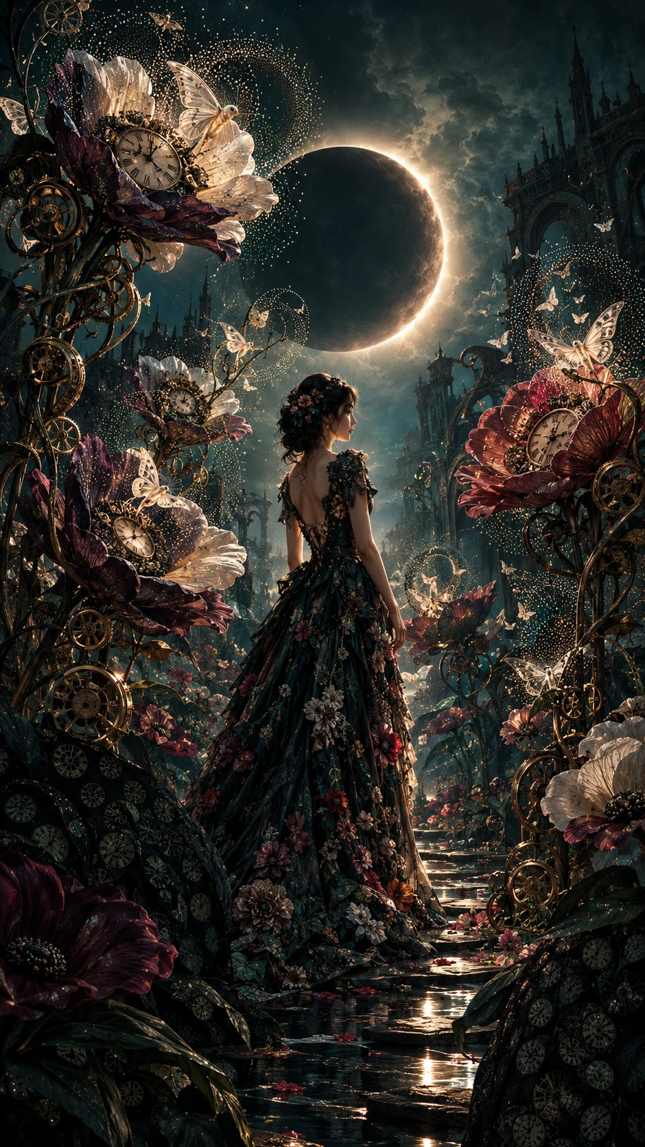 Uma mulher está em um jardim surreal de flores e mecanismos de relojoaria