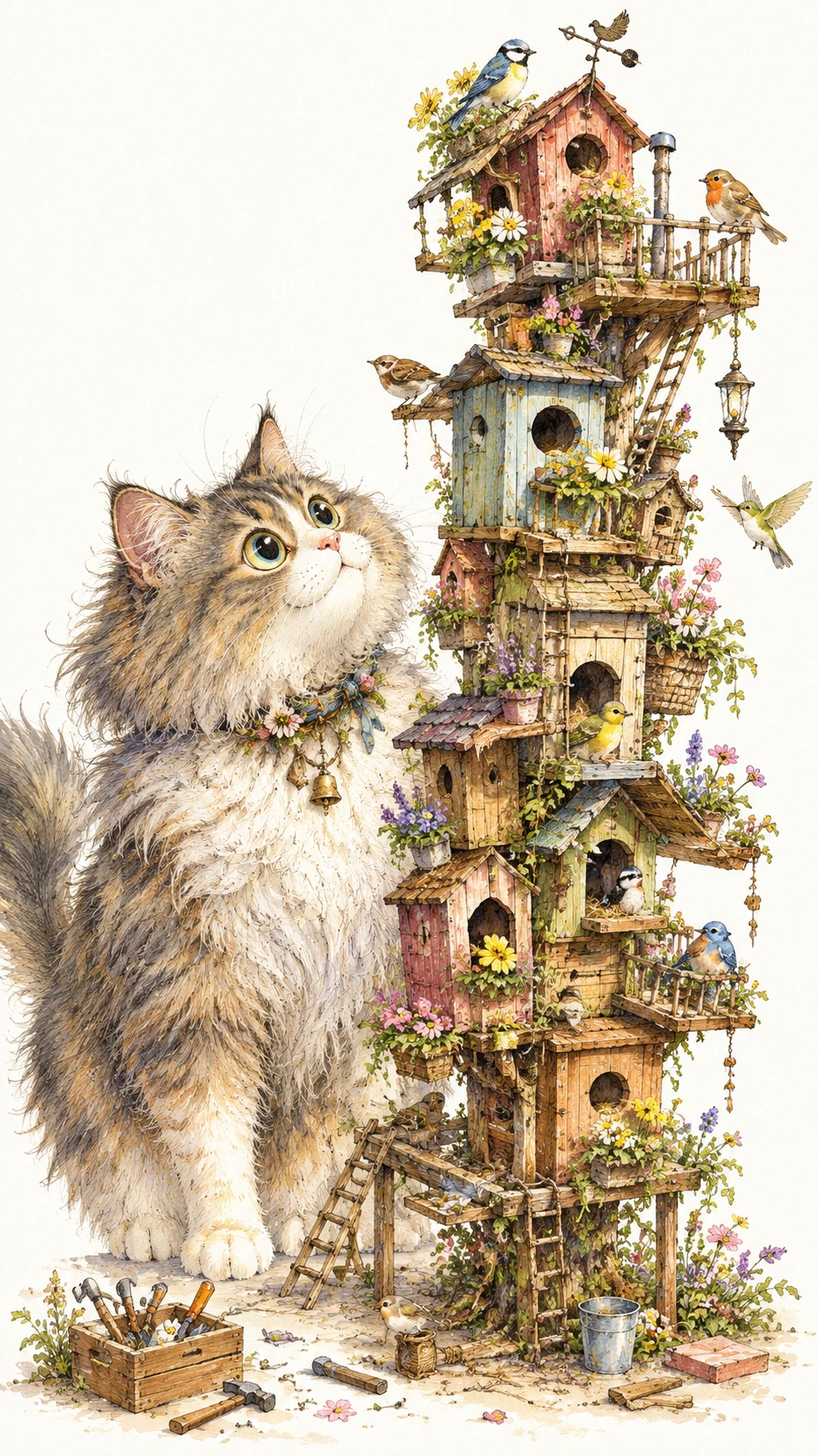 Eine flauschige Katze steht neben einem fantasievollen Miniatur-Vogelhotel